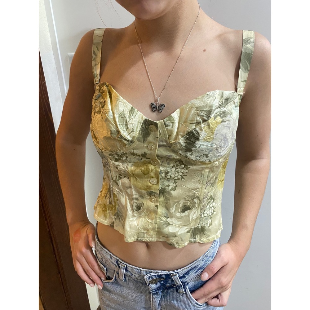 Vintage 90s Floral Corset Top Satin Bustier Button Down Smocked Back Green Sz 11